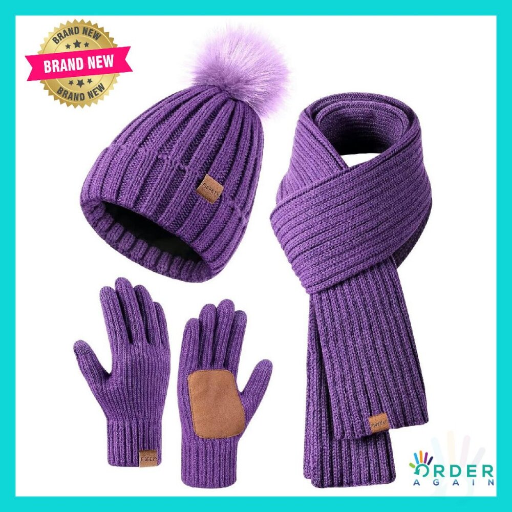 Winter Beanie Scarf Gloves Set Touchscreen Pom Pom Chic Warm Accessories